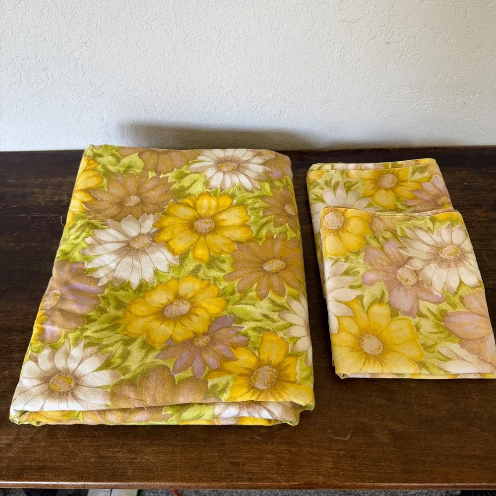 Retro 70s Cannon Monticello Muslin Queen Flat Pillowcases Sheet MOD Hippie Daisy